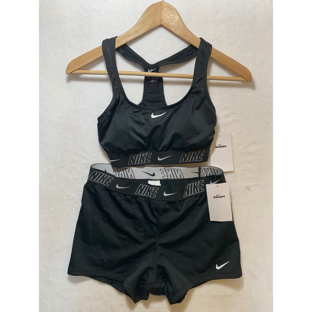 SM/M Nike Swim 2 piece Black White Swoosh logo tape band womens NWT $118